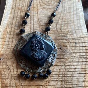 Black Vintage Cameo Pendant Necklace with Fringe